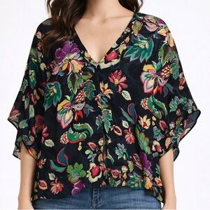 Natori Black Floral Silk Top Kimono Sleeve Medium